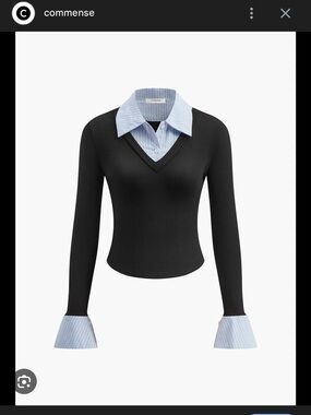 Commense Black V‑Neck Sweater with Light Blue Striped Shirt Collar